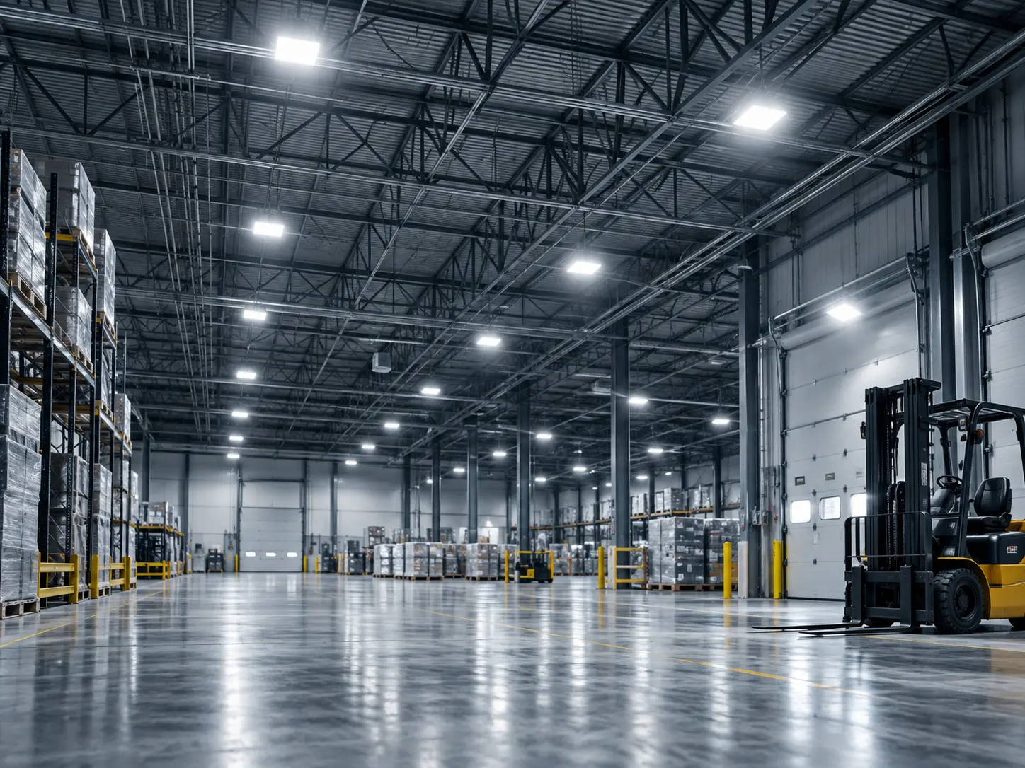Illustrative industrial warehouse illuminated by high-bay lighting