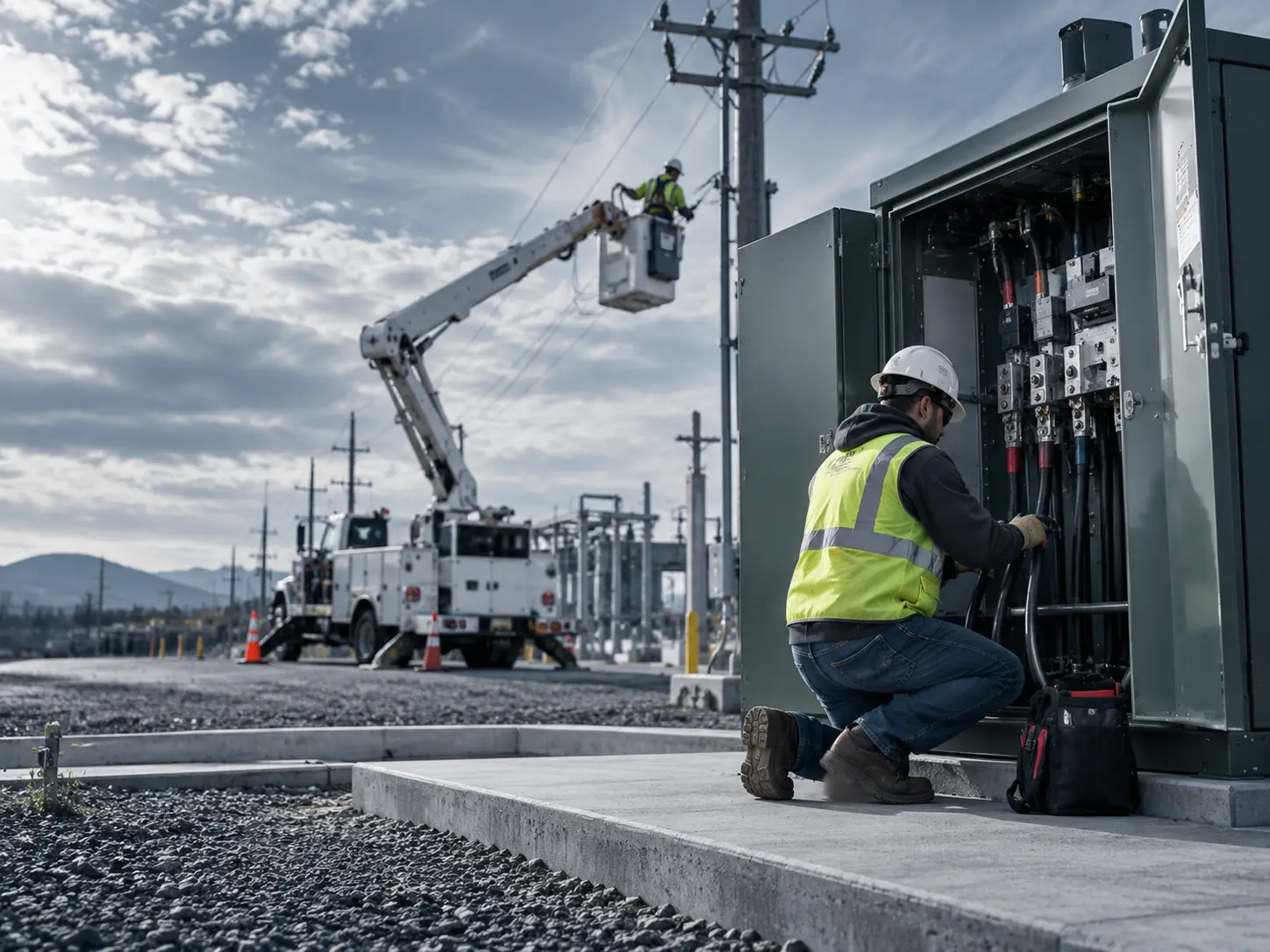 Illustrative electrical utility field installation with service equipment and line crews