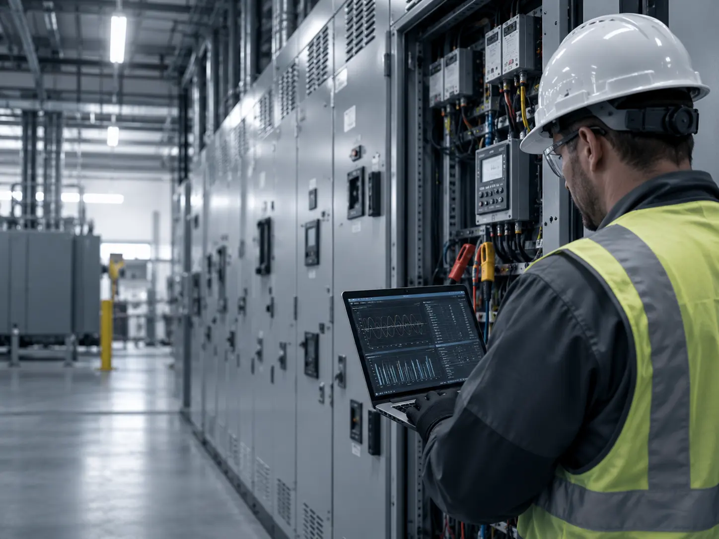 Illustrative technician evaluating electrical equipment with a power analysis laptop